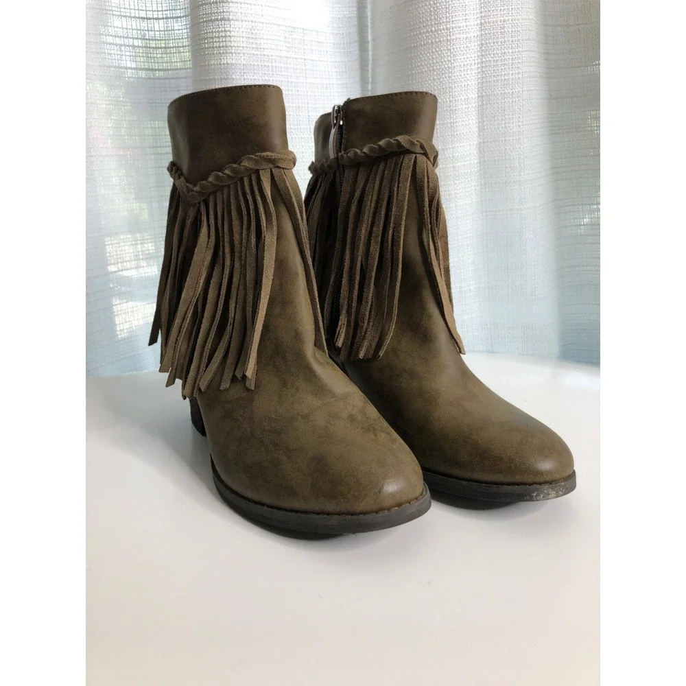SBICCA Boots Women's Size 7.5 Brown Faux Leather Fringe Western Hippie‎